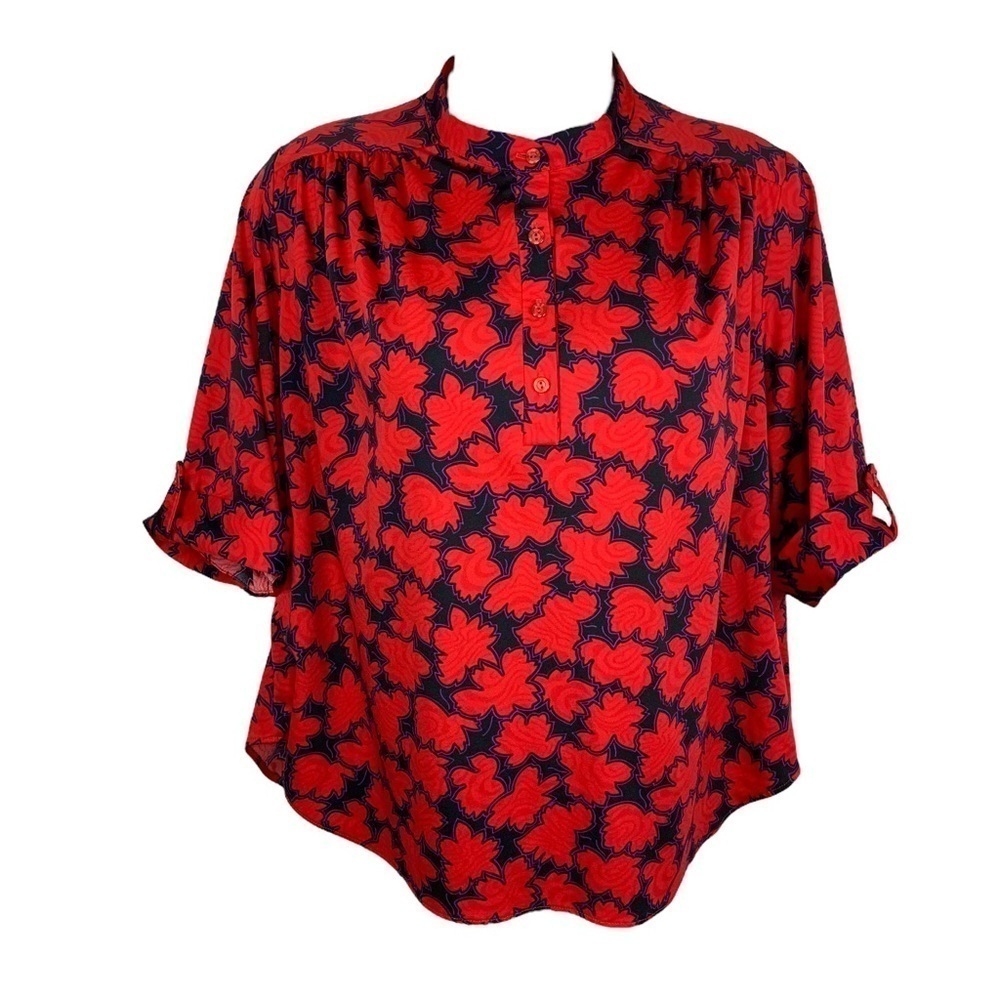 Vintage Top Notch Vibrant Red Floral Blouse Half Sleeve Plus 1x Stretch